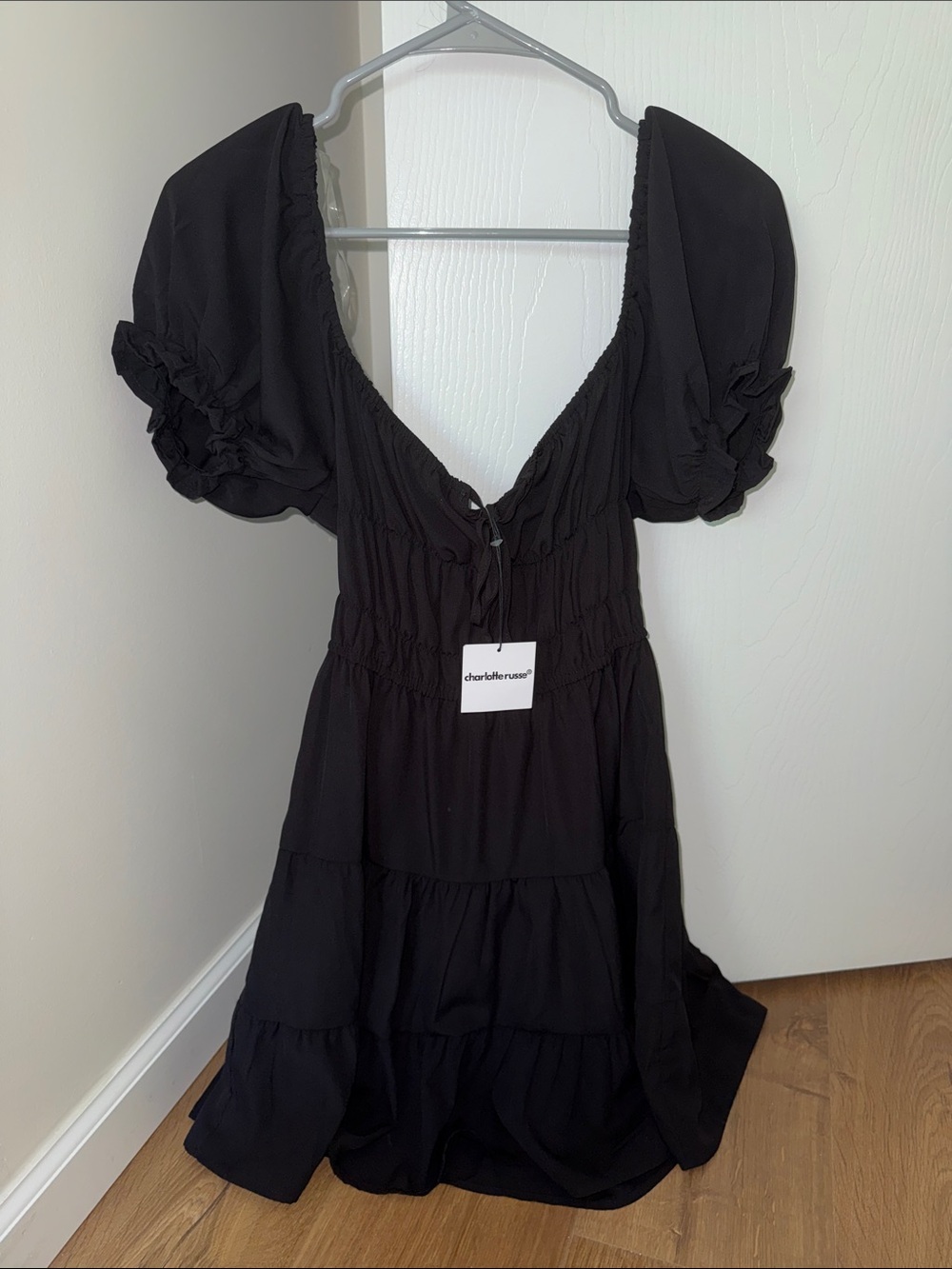 Charlotte Russe Black Puff-Sleeve Tiered Mini Dress